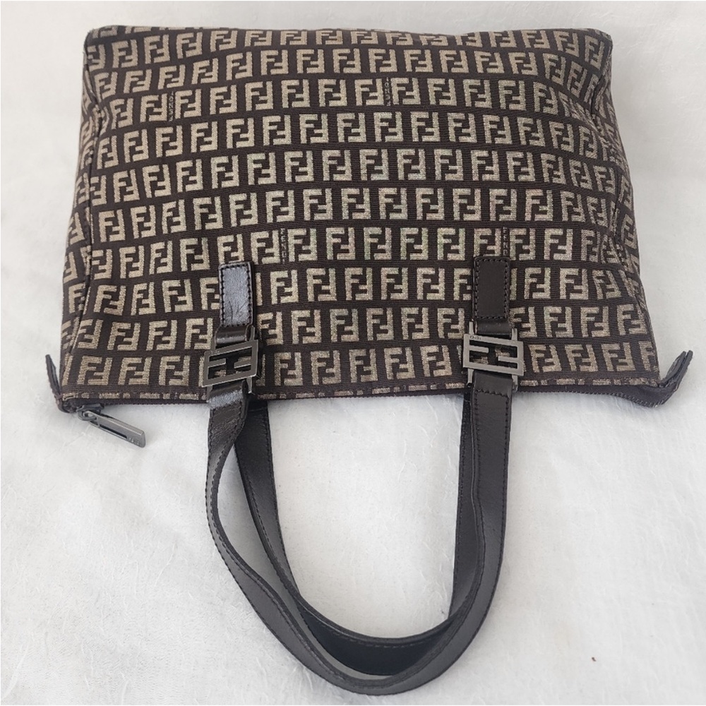 Vintage Fendi Zucchino FF Monogram Canvas Tote Bag Brown Leather Trim Italy - Picture 2 of 10